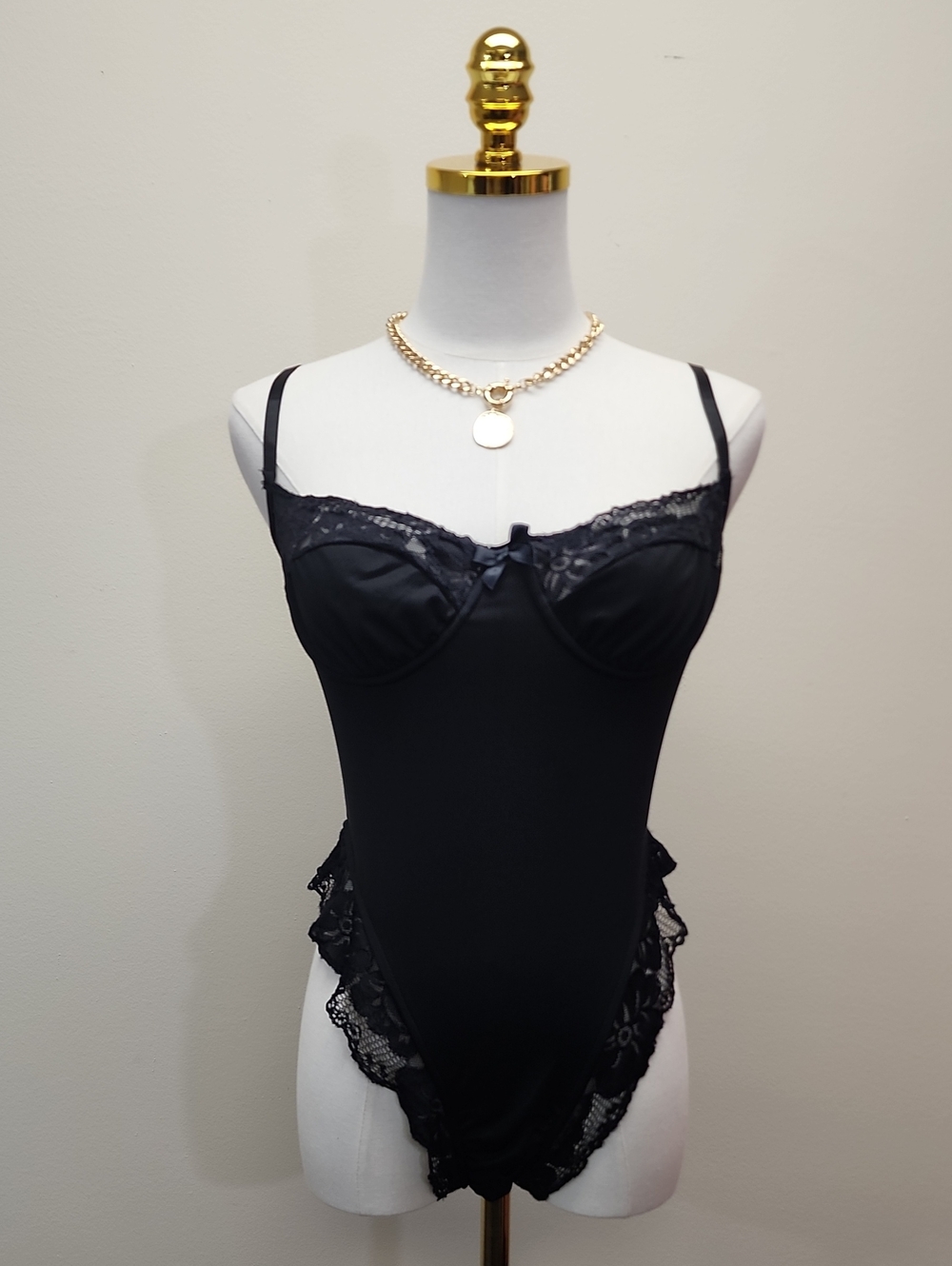 Black Lace Trim Camisole Bodysuit Lingerie Medium